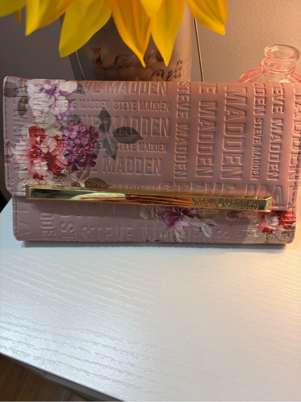 Steve Madden Pink Floral Fold-Over Wallet with Gold Accent